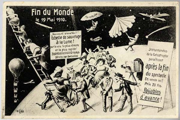 Cartolina francese d'epoca che reclamizza biglietti e foto ricordo per la "fine del mondo" attesa al passaggio della cometa di Halley nel 1910