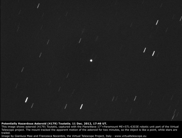 L'asteroide (4179) Toutatis, uno dei più celebri asteroidi potenzialmente pericolosi, nel dicembre 2012 transitò a 7 milioni di km dal nostro pianeta
