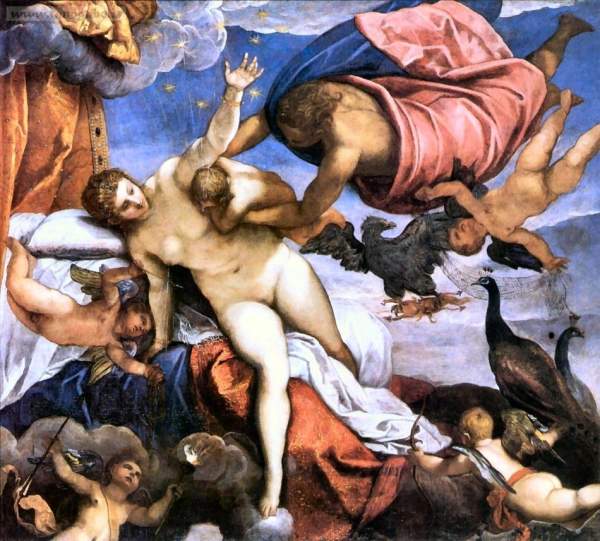 Il piccolo Ercole, stringendo troppo al seno di Giunone, diede involontariamente origine alla Via Lattea. Tintoretto, "L'Origine della Via Lattea", 1582
